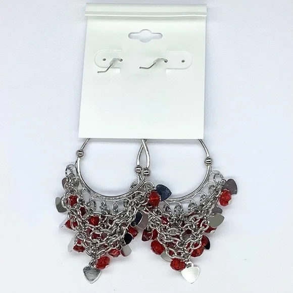Croft & Barrow Heart Earrings, Red & Silver Hearts Dangles On Silver Tone Hoop - Picture 2 of 3